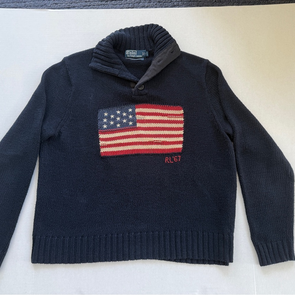 Vintage Unisex Ralph Lauren Mock Buttons American Flag Sweater Large